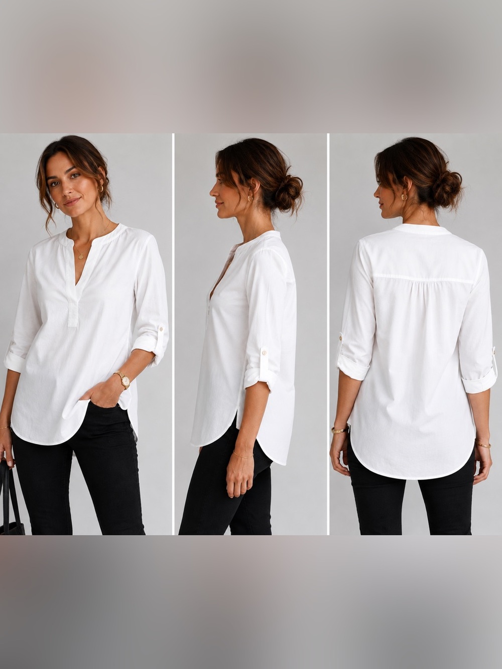Diane von Furstenberg DVF Esti White Tunic Blouse Roll Tab Sleeve Size 4
